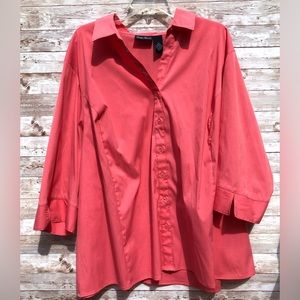 Maggie Barnes long sleeves, button up blouse.  Size 3X. Peachy coral color.